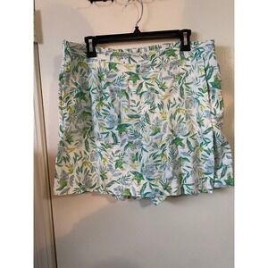 Ellen Tracy Womens Tropical Leaf Print Linen Blend Skort Green Blue White Size L